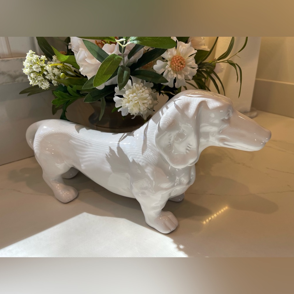 Large glossy white ceramic standing dachshund figurine